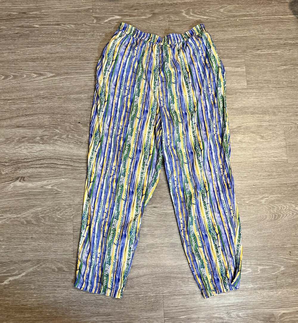 Vintage Melrose Studio 80s 90s  100% Silk  Blue Yellow Abstract Pull On Pants